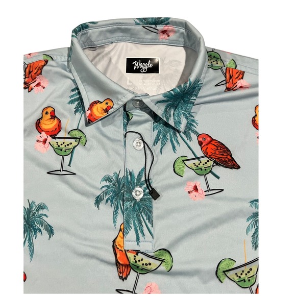Waggle‎ Golf Polo Men's L Blue Margarita Birds All-Over Print Shirt - Picture 5 of 12